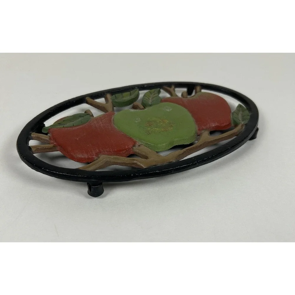 VTG Cast Iron Oval Red Green Apple Painted Trivet Hot Plate 7.75